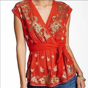 Free people red gold sequin embroidered open back top size small
